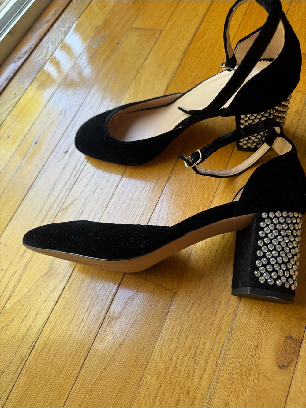 J. Crew Black Suede Block Heels with Studded Rhinestone Heel